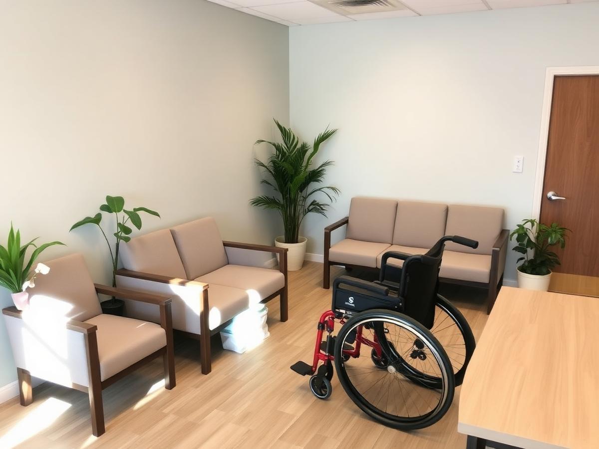 Sala d’attesa accessibile con poltrone confortevoli e spazio per carrozzina